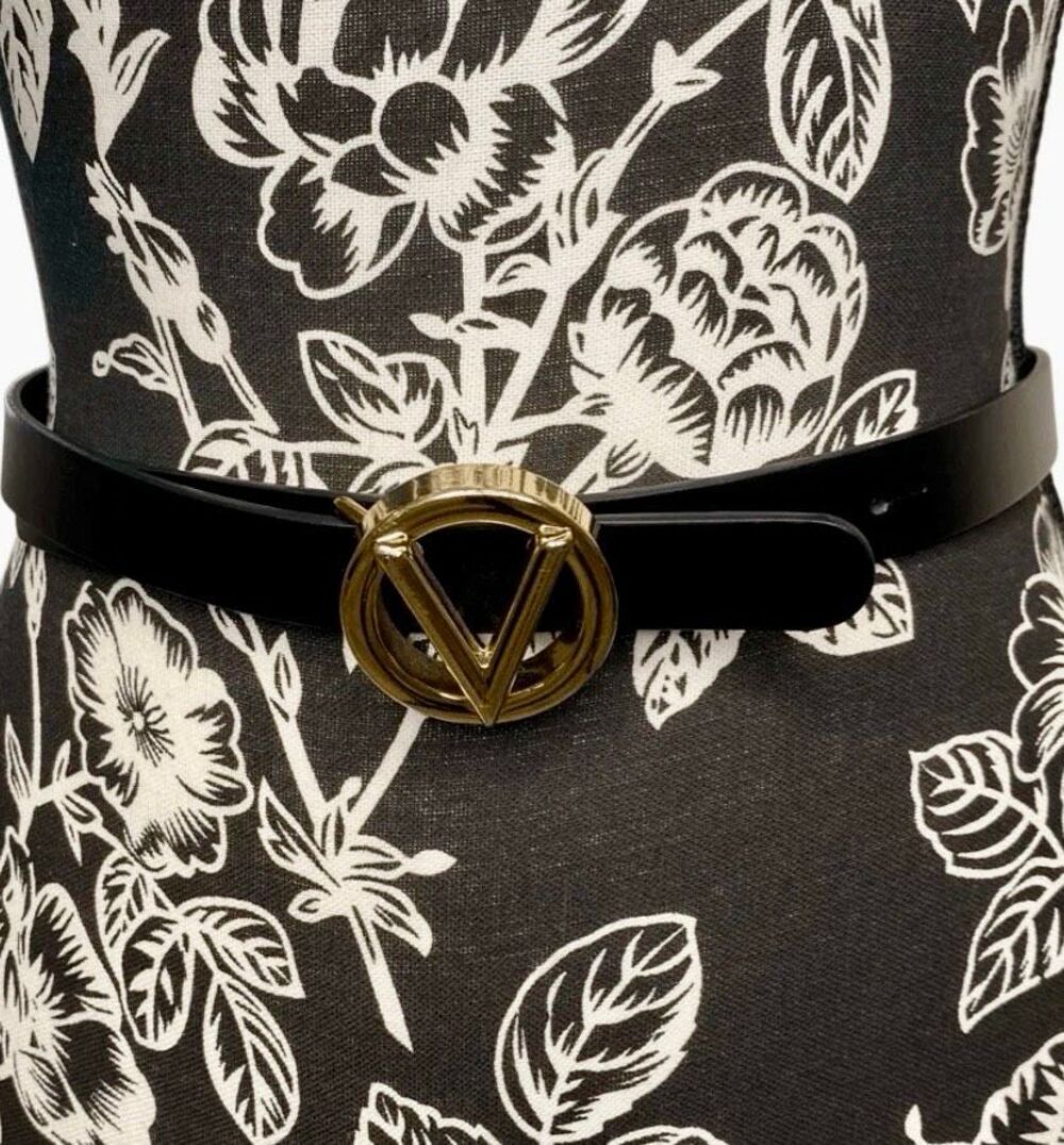 Mario Valentino V Logo Leather Belt Black Gold Made Italy Designer Waist Belt